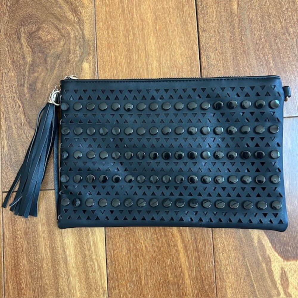 Vieta black studded and cutout clutch bag